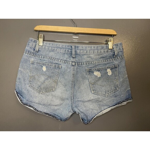 Aviva Denim Shorts Juniors 9 Blue Distressed Rolled Cuff Frayed Hem Casual - Picture 2 of 5